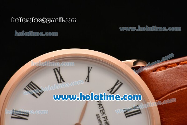 Patek Philippe Calatrava Miyota OS2035 Quartz Rose Gold Case with Roman Numeral Markers White Dial and Brown Leather Strap - Click Image to Close